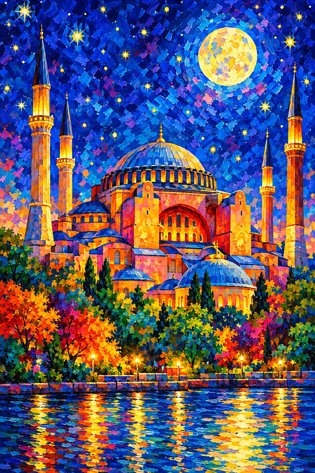 Impressionistic portrait diamond painting of the domes and minarets of the Hagia Sophia glowing under a radiant moonlit, starry sky with dappled light