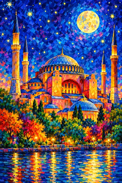 Impressionistic portrait diamond painting of the domes and minarets of the Hagia Sophia glowing under a radiant moonlit, starry sky with dappled light
