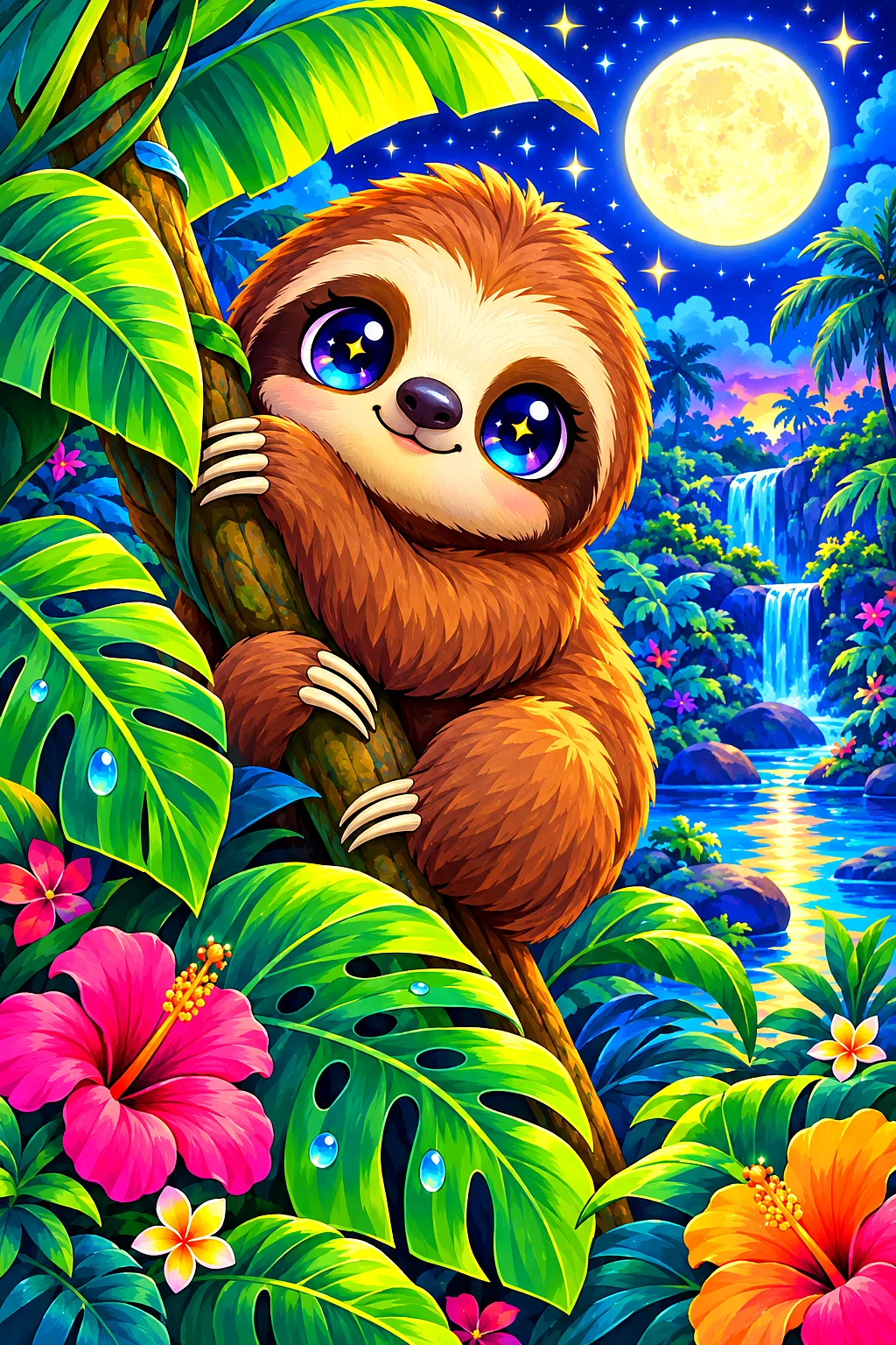 Portrait diamond painting kit of a glowing kawaii cartoon jungle with banana leaves and monstera under moonlight and stars, with big sparkling eyes on