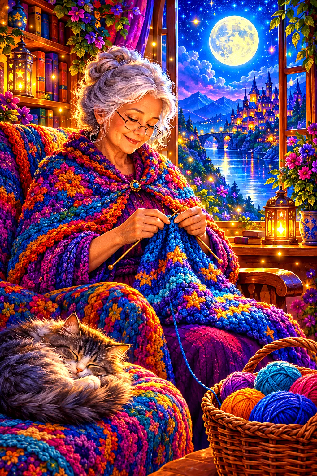 Portrait oriented diamond painting kit showing a grandmother knitting by a window under moonlight and stars, with glowing light and magical sparkles i