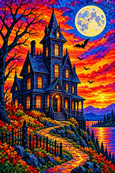 Portrait canvas of a haunted house with many windows and a pointed roof, under a large full moon and a vivid sunset sky, rendered in a glossy ceramic