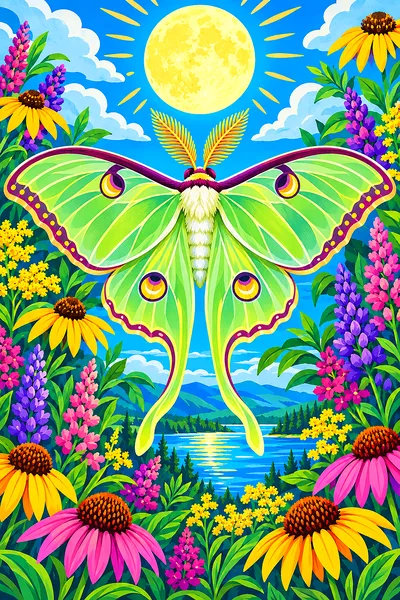 Bright folk art illustration of a large green luna moth with decorative patterns under a stylized yellow moon on a sunny blue sky background in portra