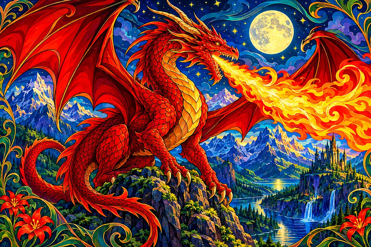 Art nouveau style diamond painting kit showing a red dragon breathing fire over mountains, glowing under moonlight and stars.