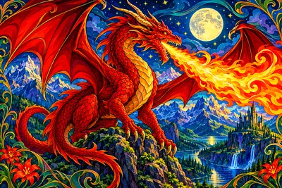 Art nouveau style diamond painting kit showing a red dragon breathing fire over mountains, glowing under moonlight and stars.