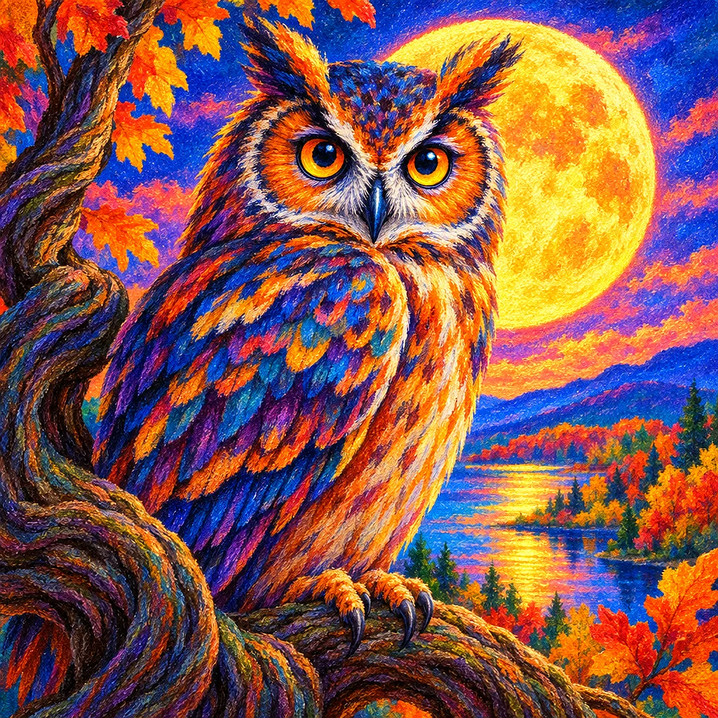 Close-up square diamond painting of a vibrant, soft pastel chalk-style owl perched on a twisted tree branch under a glowing harvest moon, with bright