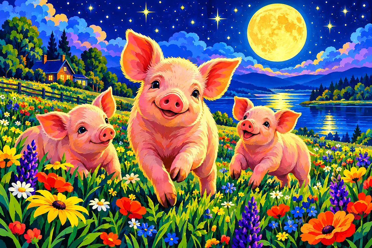 Retro-style illustration of several small piglets playing and rolling in a field of colorful flowers under a night sky with a large moon and stars.