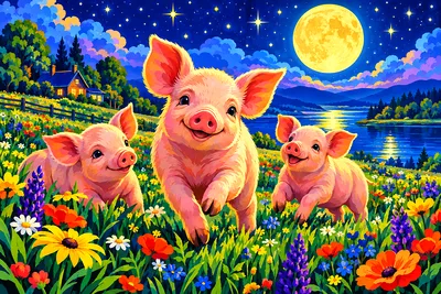 Retro-style illustration of several small piglets playing and rolling in a field of colorful flowers under a night sky with a large moon and stars.