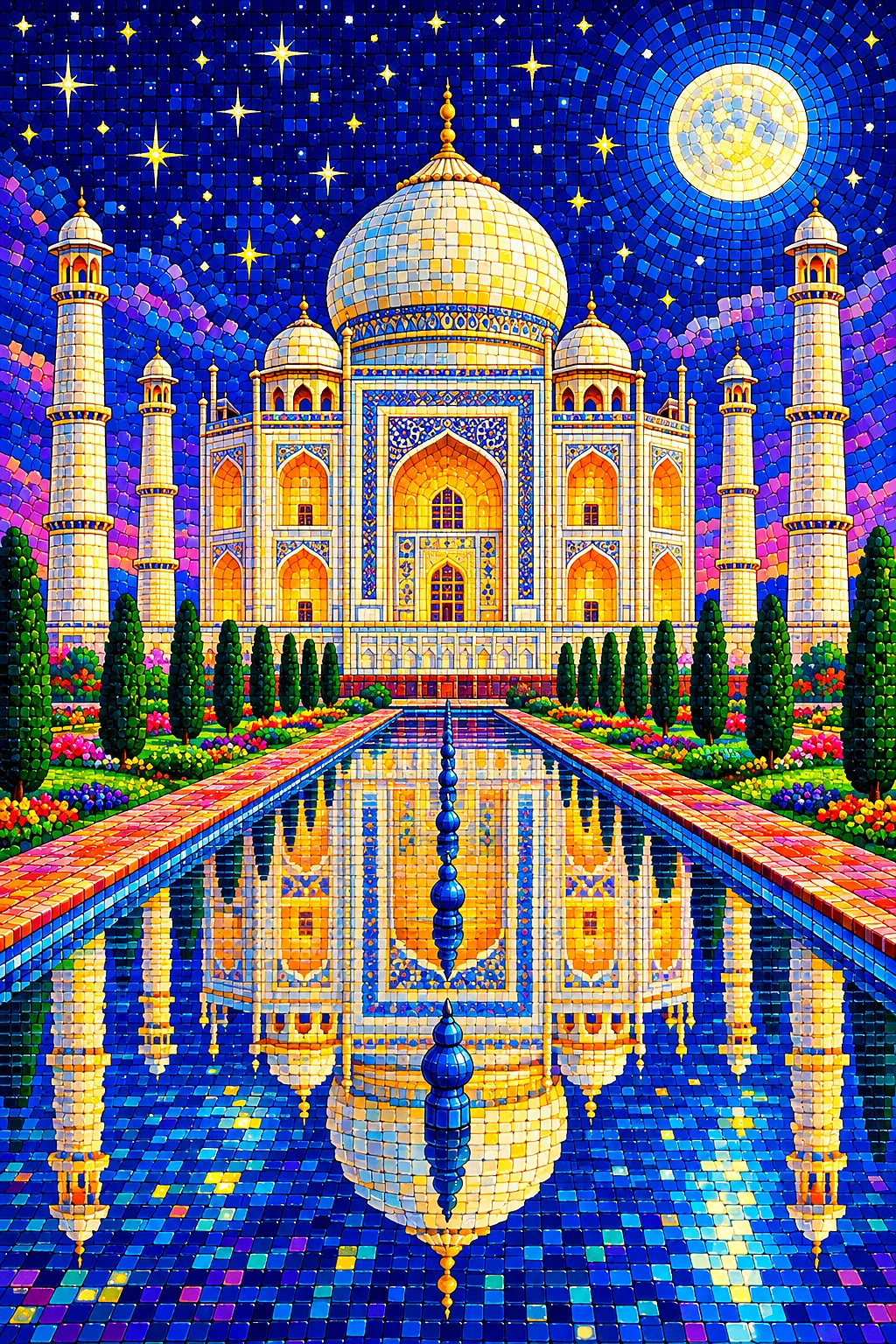 Portrait diamond painting of a grand palace with domes reflected in a long garden pool under a starry moonlit sky, rendered in a glossy ceramic mosaic