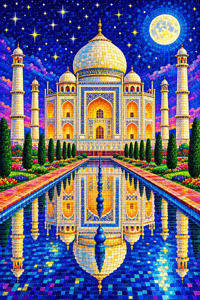Portrait diamond painting of a grand palace with domes reflected in a long garden pool under a starry moonlit sky, rendered in a glossy ceramic mosaic