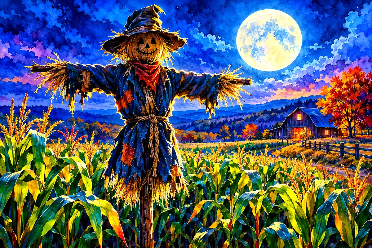Diamond painting of a scarecrow in a cornfield under a full moon, depicted in a luminous watercolor style with dramatic lighting.