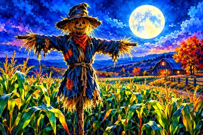 Diamond painting of a scarecrow in a cornfield under a full moon, depicted in a luminous watercolor style with dramatic lighting.