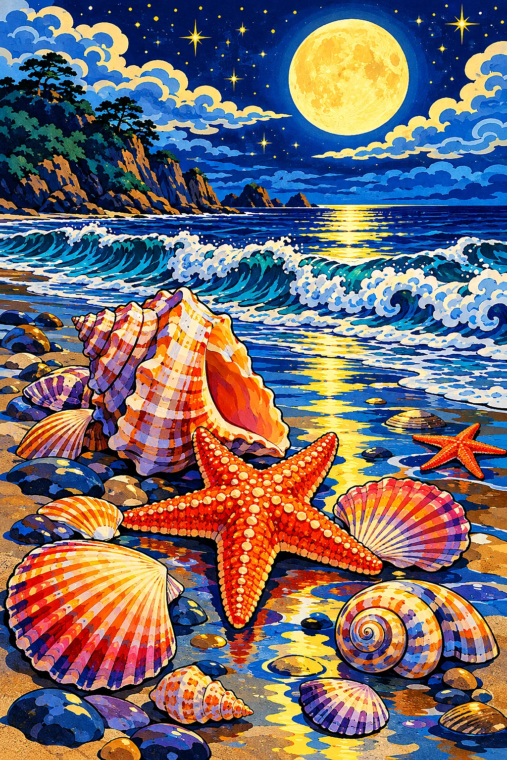 Portrait diamond painting featuring seashells and starfish on wet sand, glowing under a large moon and stars, with stylized Japanese woodblock print w