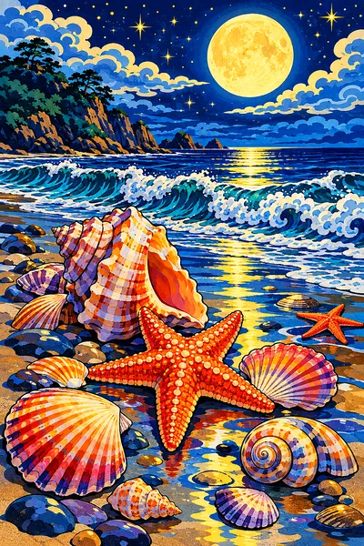 Portrait diamond painting featuring seashells and starfish on wet sand, glowing under a large moon and stars, with stylized Japanese woodblock print w