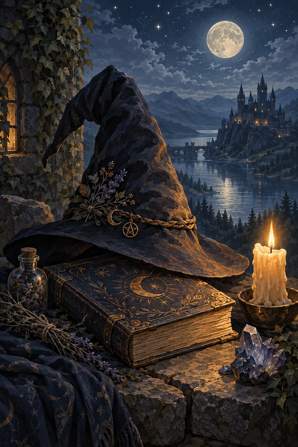 Portrait diamond painting of a black witch hat, an open spell book with glowing pages, and an amber candle flame in deep blue and gray tones, under mo