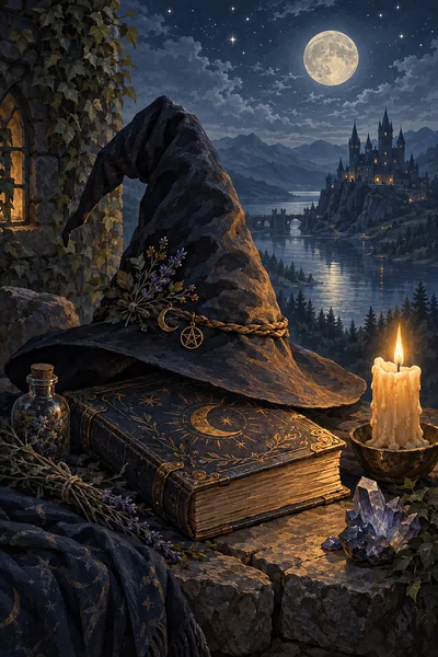 Portrait diamond painting of a black witch hat, an open spell book with glowing pages, and an amber candle flame in deep blue and gray tones, under mo