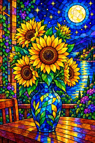 Portrait diamond painting depicting a vase of glowing jewel-toned stained glass sunflowers with bold dark outlines on a wooden table, bathed in moonli