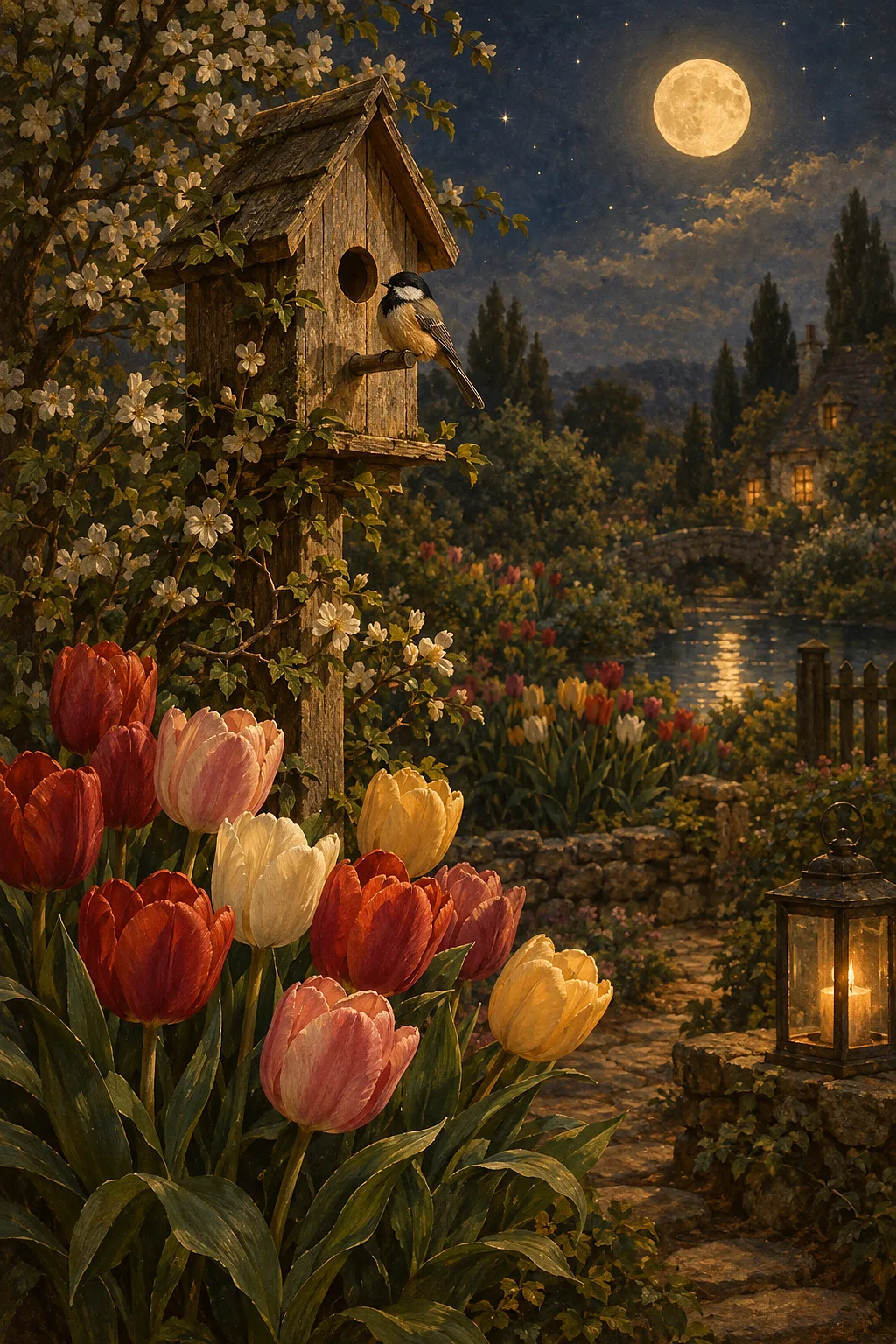 Portrait diamond painting depicting a classical old-world oil painting of a spring garden with blooming tulips and a birdhouse under a moonlit, starry