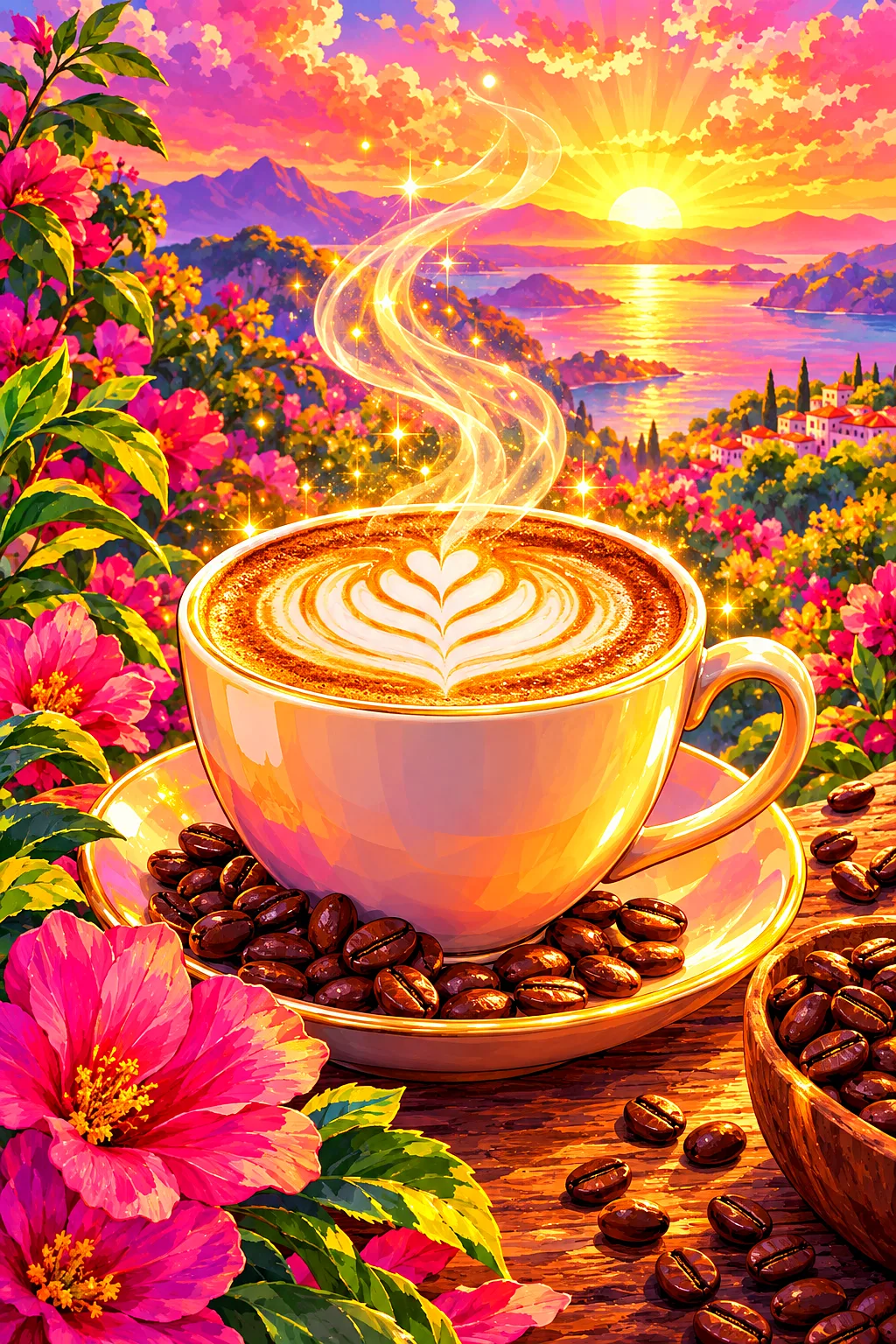 Dreamy fantasy illustration of a coffee cup with latte art and coffee beans, glowing with pink, orange, and gold light and magical sparkles, in a port