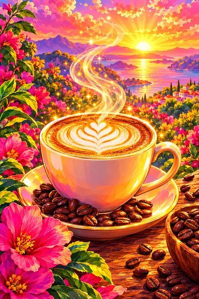 Dreamy fantasy illustration of a coffee cup with latte art and coffee beans, glowing with pink, orange, and gold light and magical sparkles, in a port