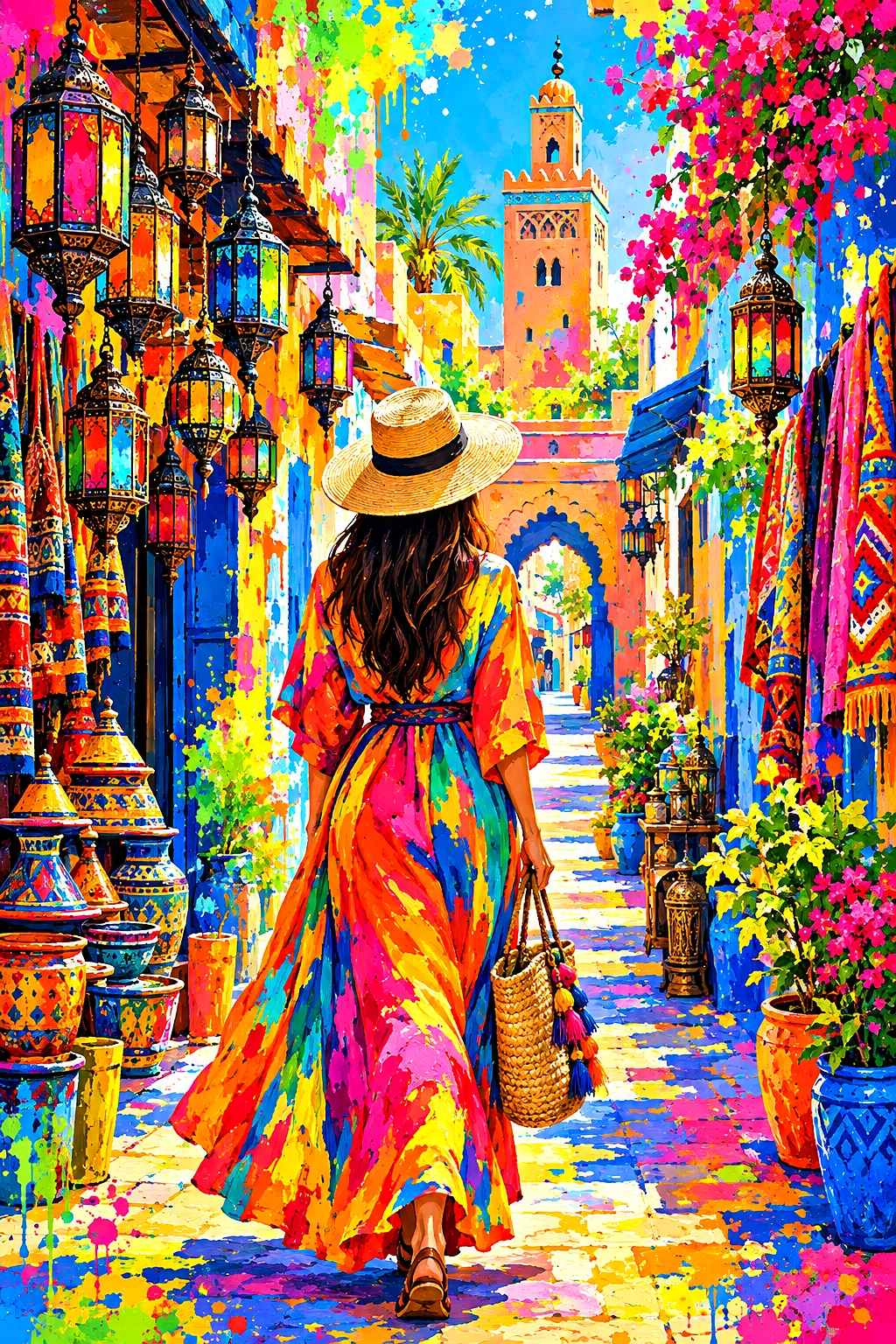 Portrait diamond painting kit of a Moroccan market street scene with colorful lanterns, rainbow paint splashes, and drips in bright spring colors.