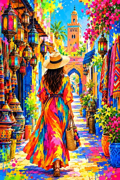 Portrait diamond painting kit of a Moroccan market street scene with colorful lanterns, rainbow paint splashes, and drips in bright spring colors.