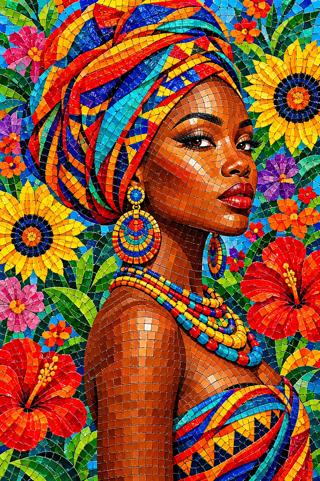 Portrait oriented diamond painting of an African woman with a colorful headwrap and jewelry in a glossy mosaic tile style, surrounded by bright flower