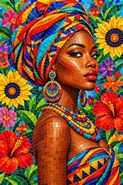 Portrait oriented diamond painting of an African woman with a colorful headwrap and jewelry in a glossy mosaic tile style, surrounded by bright flower