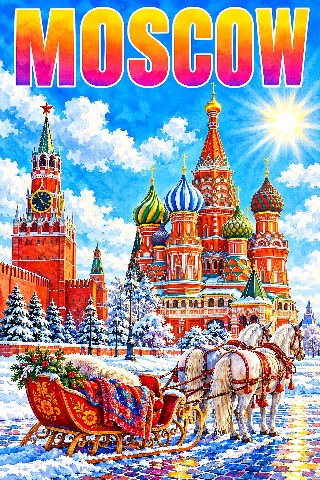 Portrait diamond painting of a red brick square with a colorful, onion-domed cathedral and a snowy sleigh under a bright blue sky with fluffy clouds a