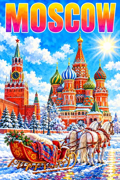 Portrait diamond painting of a red brick square with a colorful, onion-domed cathedral and a snowy sleigh under a bright blue sky with fluffy clouds a