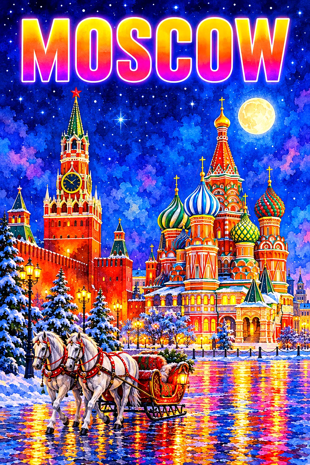 Portrait diamond painting kit showing a red brick square, a cathedral with colorful onion domes, and a snowy sleigh under a starry indigo sky with a g
