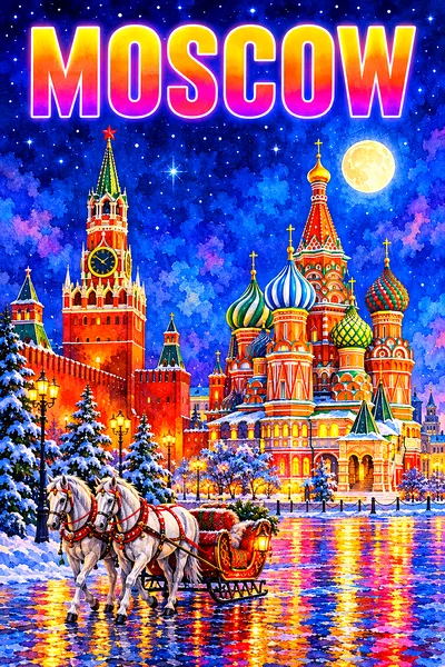 Portrait diamond painting kit showing a red brick square, a cathedral with colorful onion domes, and a snowy sleigh under a starry indigo sky with a g