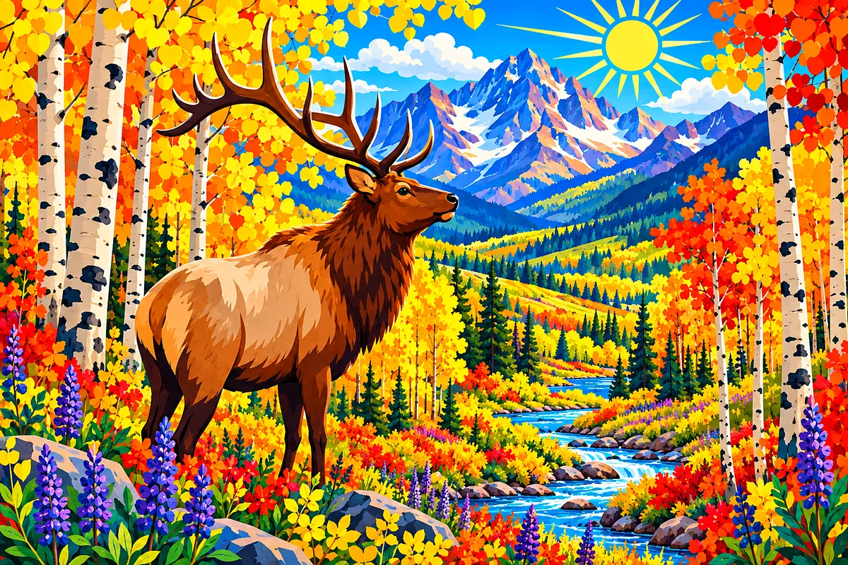 Close-up of a completed diamond painting featuring a bright folk art illustration of an autumn aspen forest in the mountains with flat, vivid colors a