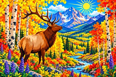Close-up of a completed diamond painting featuring a bright folk art illustration of an autumn aspen forest in the mountains with flat, vivid colors a