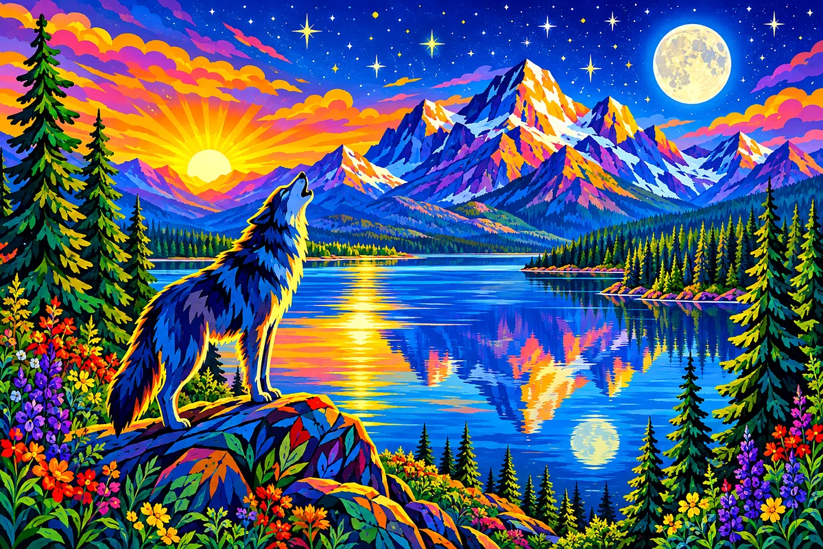 Bright folk art illustration of a mountain lake with pine trees at sunrise, glowing under moonlight and stars, rendered as a diamond painting.