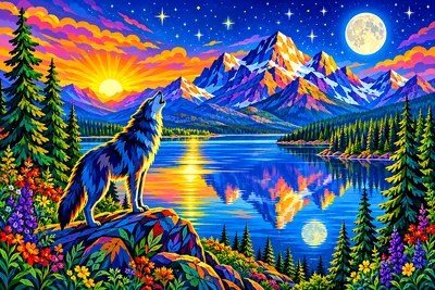 Bright folk art illustration of a mountain lake with pine trees at sunrise, glowing under moonlight and stars, rendered as a diamond painting.
