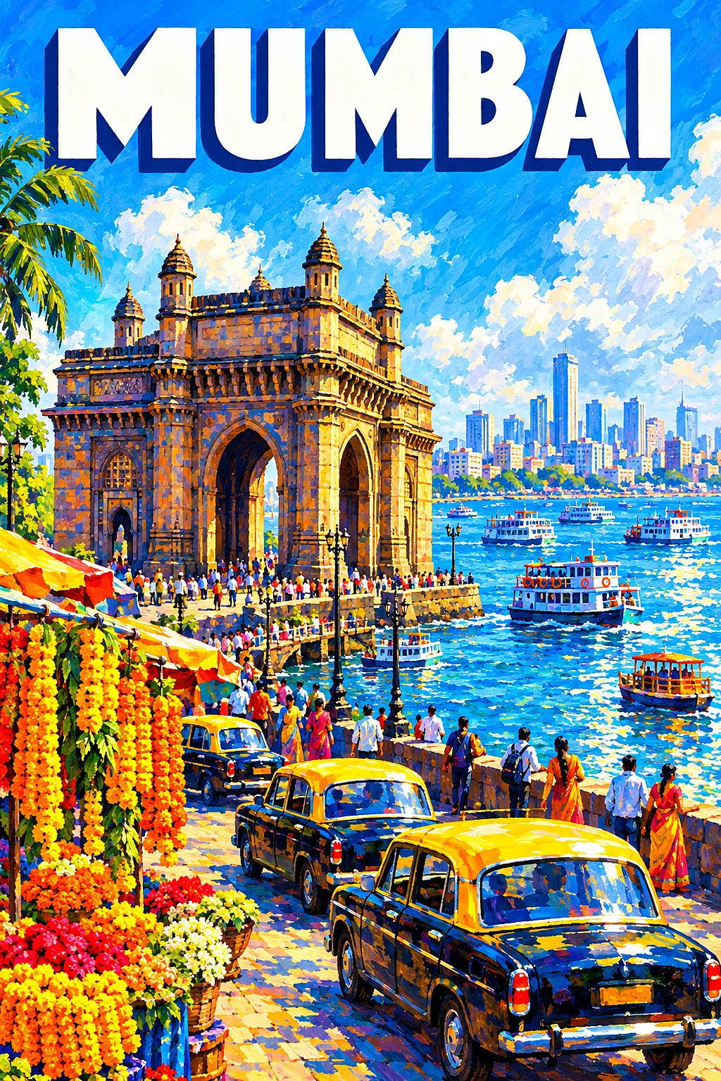 Impressionist diamond painting of a sunny Mumbai harbor with a stone archway, taxis, and marigold garlands.