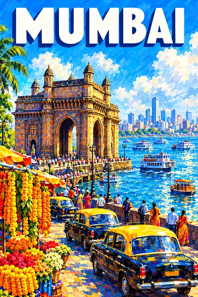 Impressionist diamond painting of a sunny Mumbai harbor with a stone archway, taxis, and marigold garlands.