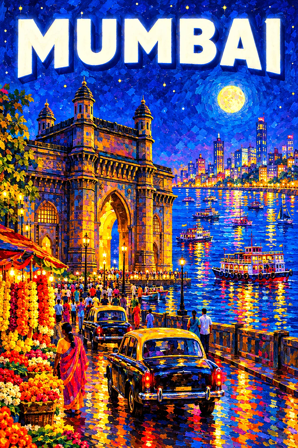 Portrait diamond painting of a bustling Mumbai harbor at night, with a basalt archway, colorful taxis, marigolds, glowing windows, city lights, and a