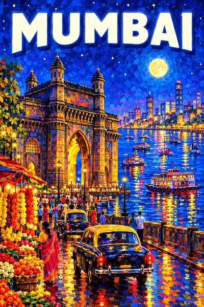 Portrait diamond painting of a bustling Mumbai harbor at night, with a basalt archway, colorful taxis, marigolds, glowing windows, city lights, and a