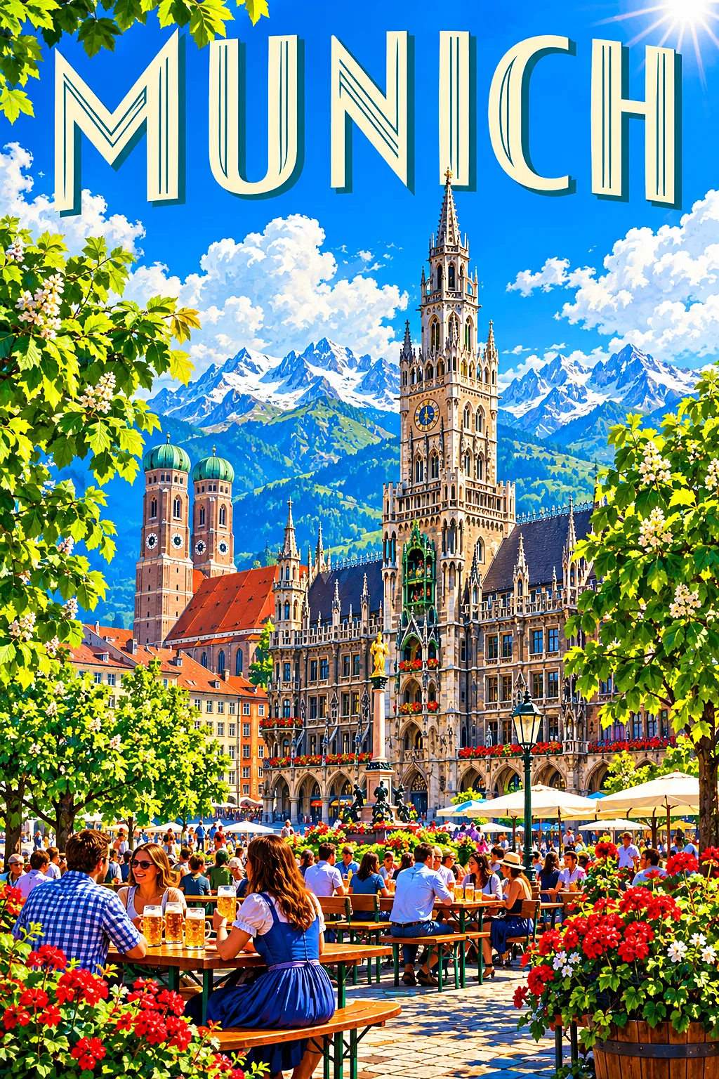 Portrait diamond painting of a vibrant, sunny German market square with a neo-Gothic town hall, beer garden, and distant alpine peaks under a blue sky