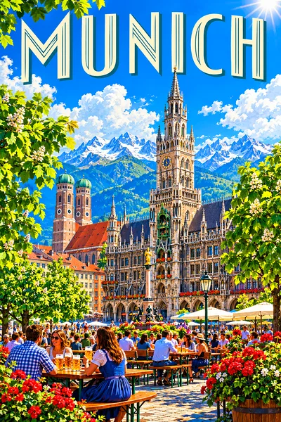 Portrait diamond painting of a vibrant, sunny German market square with a neo-Gothic town hall, beer garden, and distant alpine peaks under a blue sky