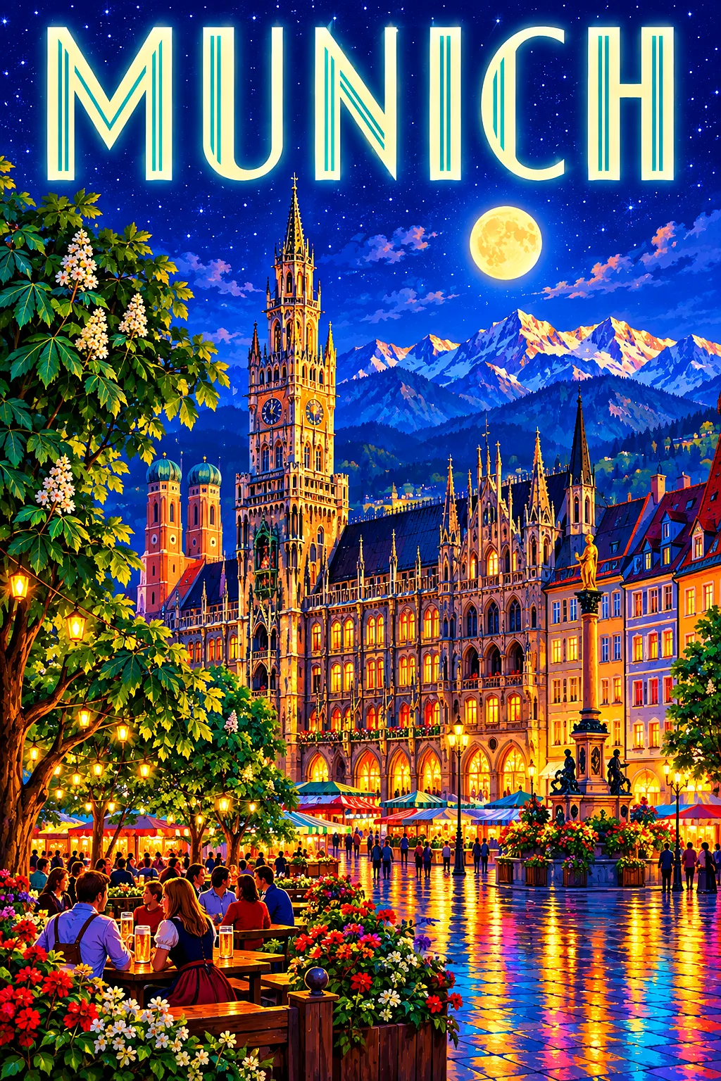 Portrait diamond painting of a Munich market square at night with a neo-gothic town hall, glowing windows, colorful city lights, shimmering reflection