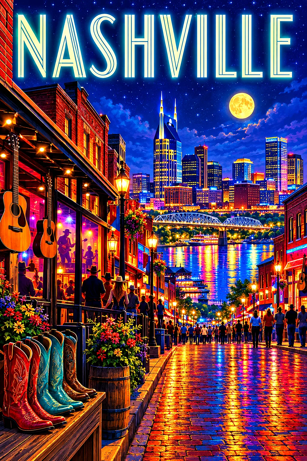 Portrait diamond painting of a lively city street at night with glowing windows, colorful neon lights, a riverfront, a starry indigo sky, and a bright