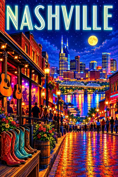 Portrait diamond painting of a lively city street at night with glowing windows, colorful neon lights, a riverfront, a starry indigo sky, and a bright
