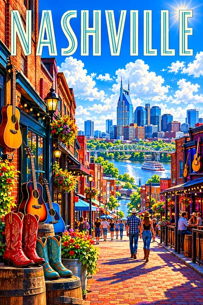 Portrait diamond painting kit depicting a sunny street in Nashville with brick buildings, guitars, cowboy boots, and a riverfront under a blue sky.