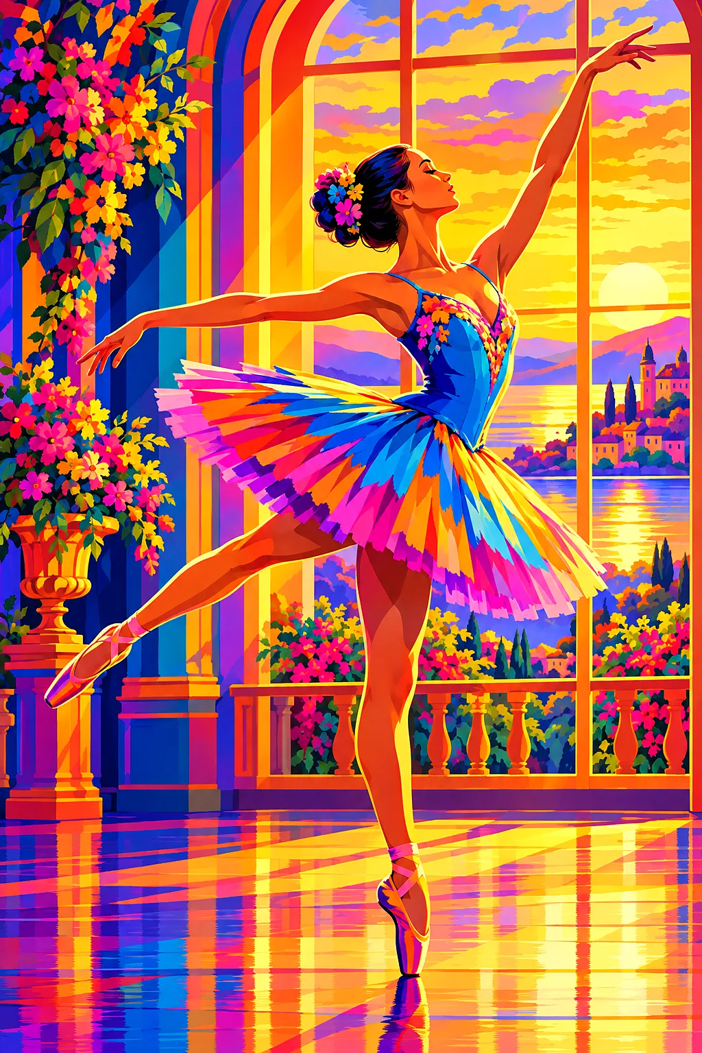 Portrait view of a diamond painting kit showing a ballerina dancing in a spotlight, depicted in bold pop art illustration with electric neon colors an