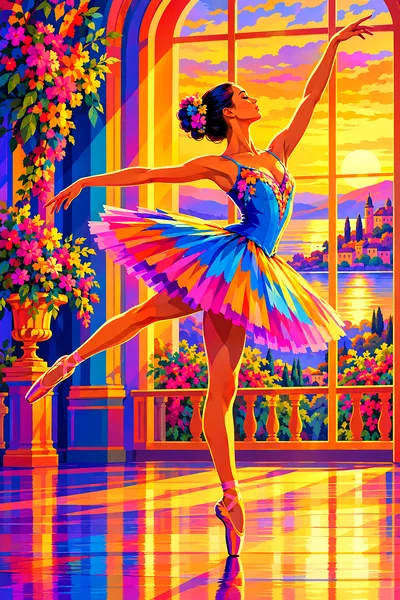 Portrait view of a diamond painting kit showing a ballerina dancing in a spotlight, depicted in bold pop art illustration with electric neon colors an