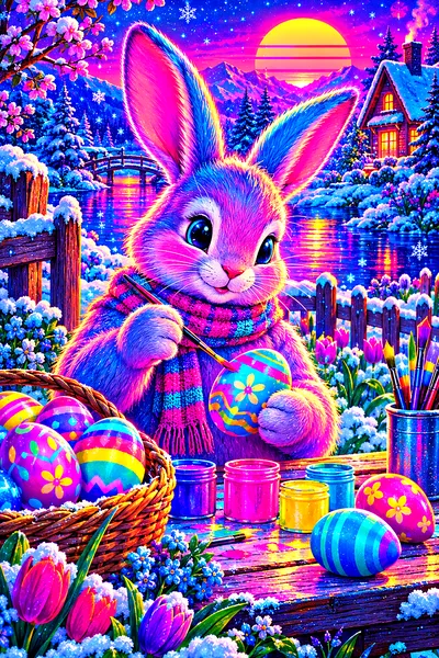 Retro 1980s synthwave style diamond painting of an Easter bunny painting eggs in a garden on a sparkling winter day, illuminated by glowing magenta an
