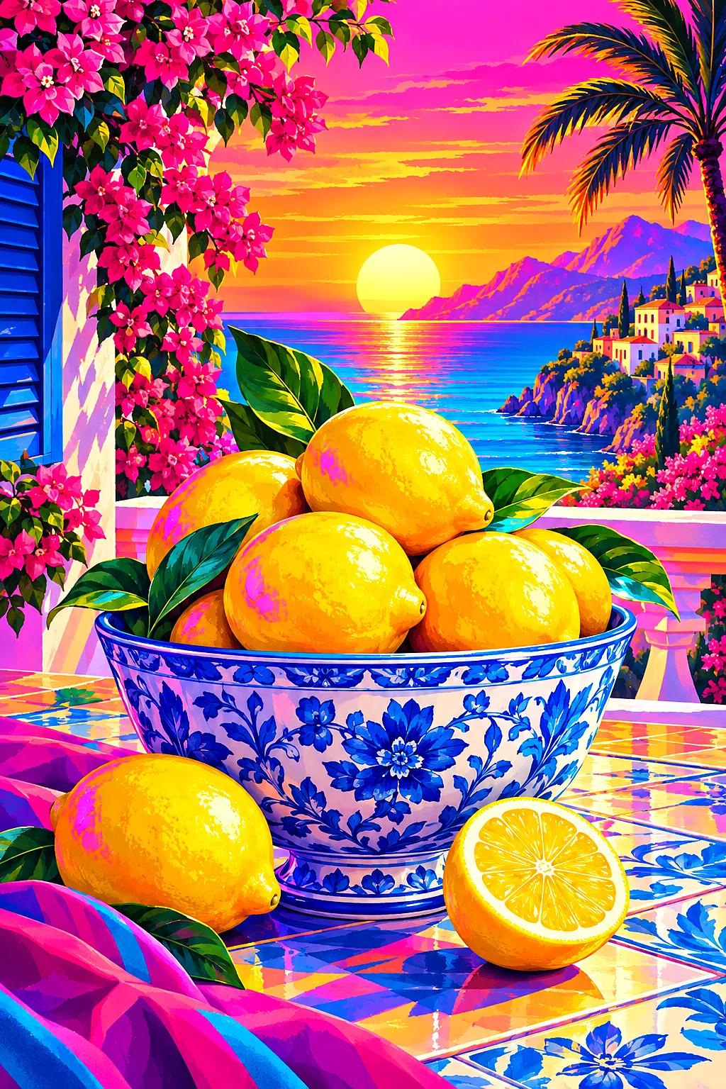 Portrait diamond painting of a bowl of lemons with blue and white china, rendered in a glowing retro 1980s synthwave style with magenta and cyan neon