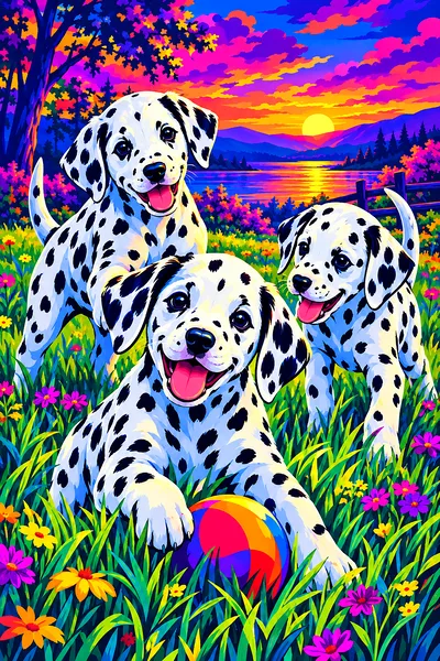 Bold pop art illustration of two dalmatian puppies playing in green grass, with electric neon colors and clean shapes against a jewel-toned twilight s